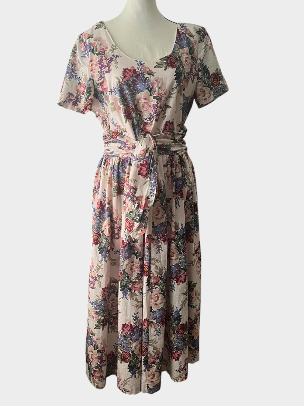 Vintage Misty Lane Floral Cotton Dress Size 14 Pink Cottagecore Belted Midi USA